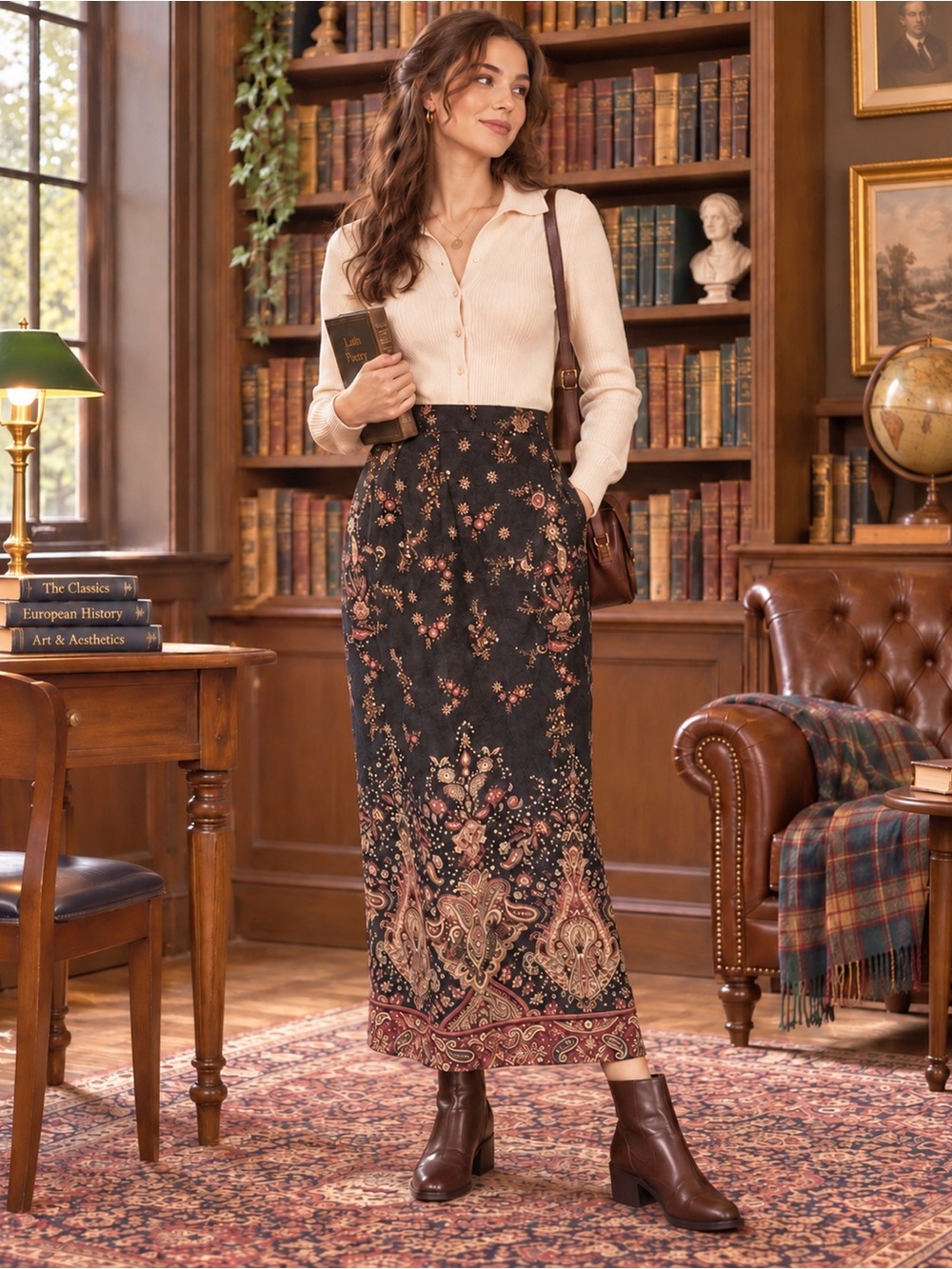 Vintage Notations Floral Tapestry Cottage Core Maxi Skirt